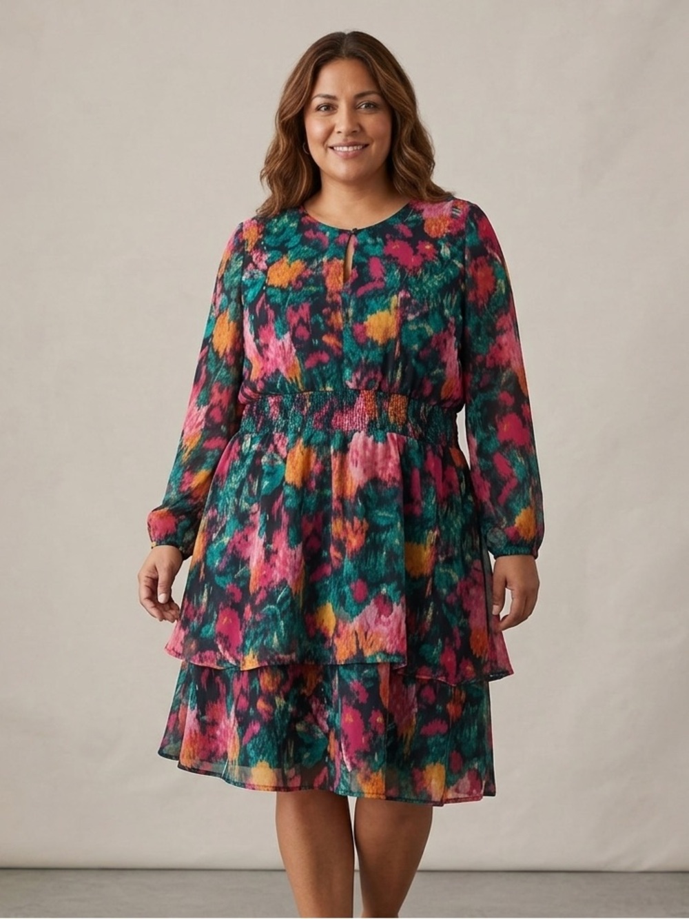 Terra & Sky Women's Long Sleeve Tiered Sheer Overlay Mini Dress,